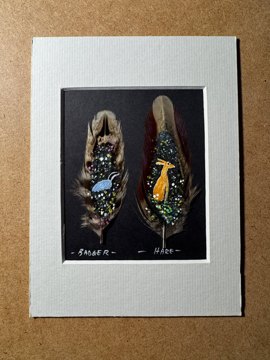 Badger & Hare Feather Painting by Stephen Allen