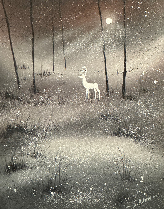 Original watercolour painting White Stag by Stephen Allen