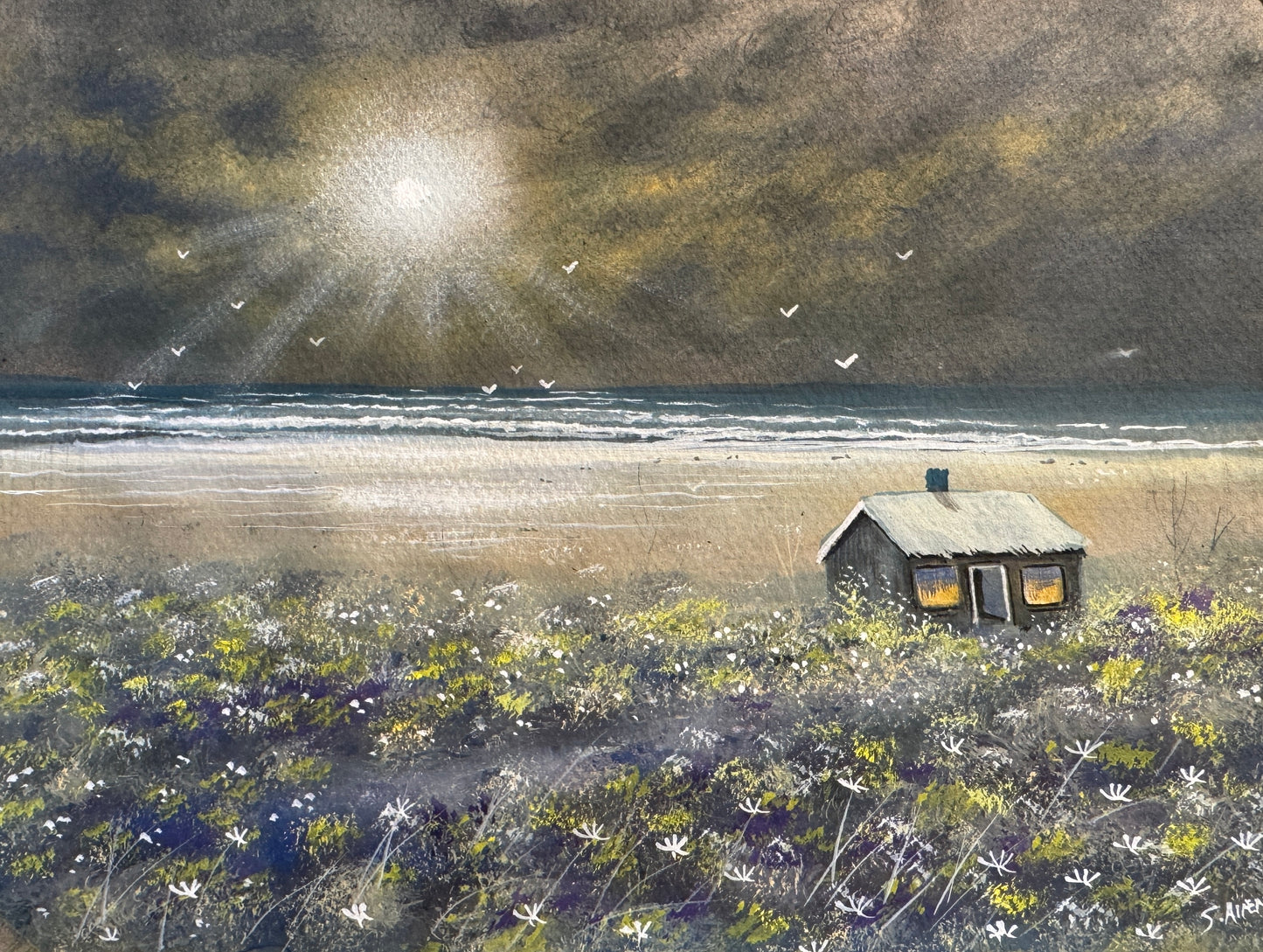 Original watercolour painting Hut by the Sea by Stephen Allen