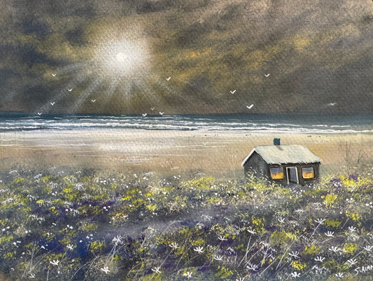 Original watercolour painting Hut by the Sea by Stephen Allen