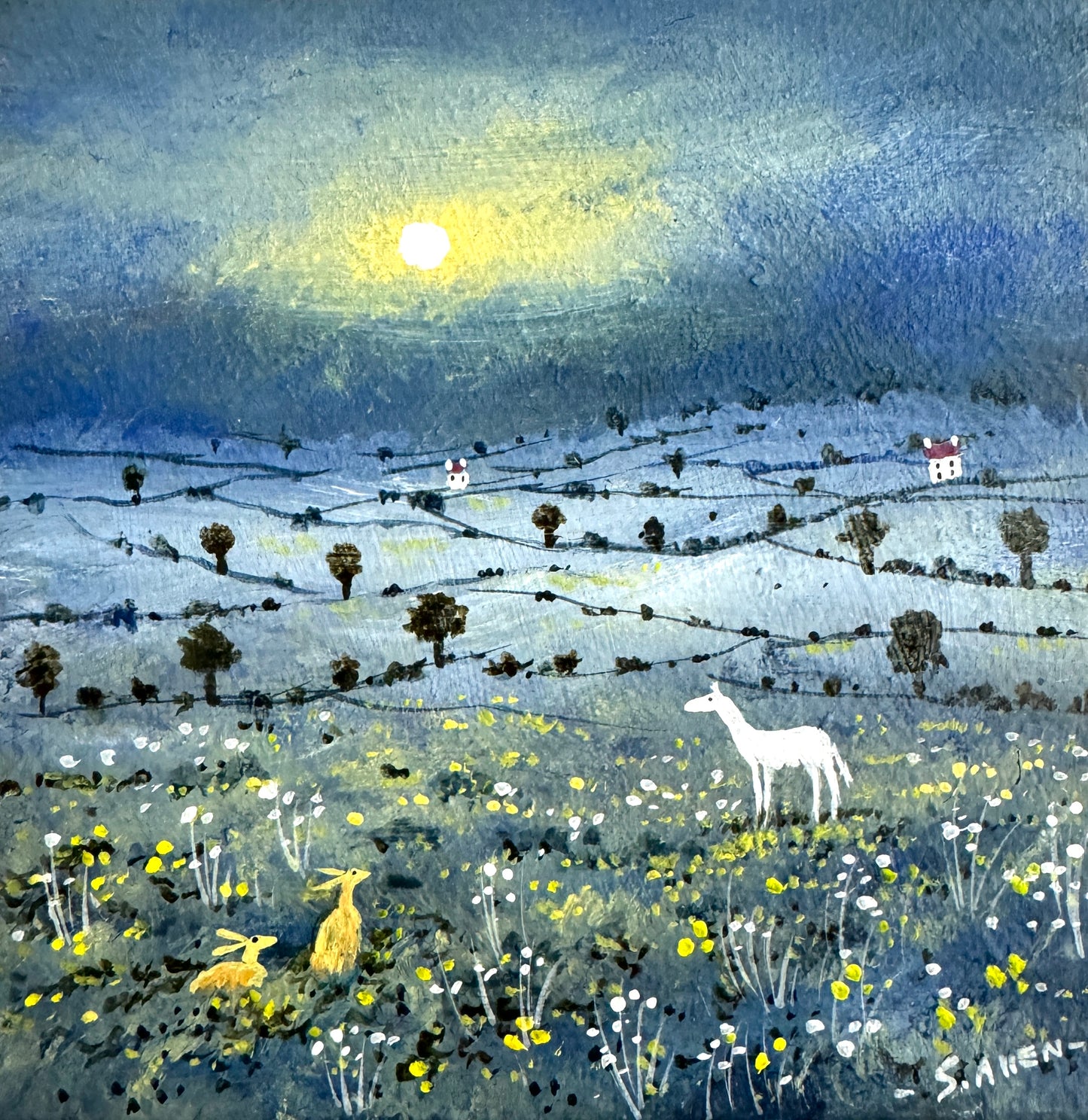Hares and White Horse Original painting by Stephen Allen