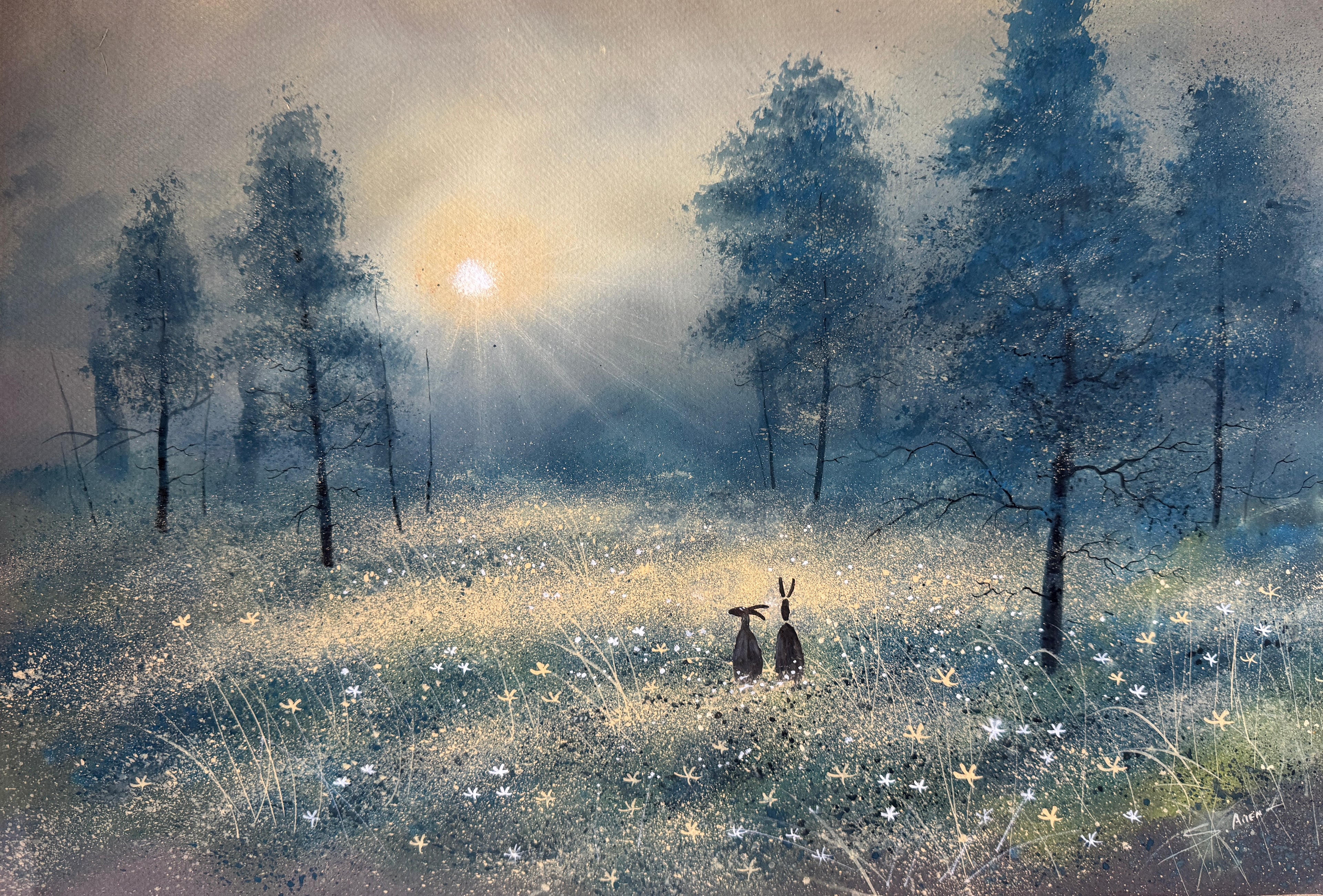 Hares in the Meadow Original watercolour painting