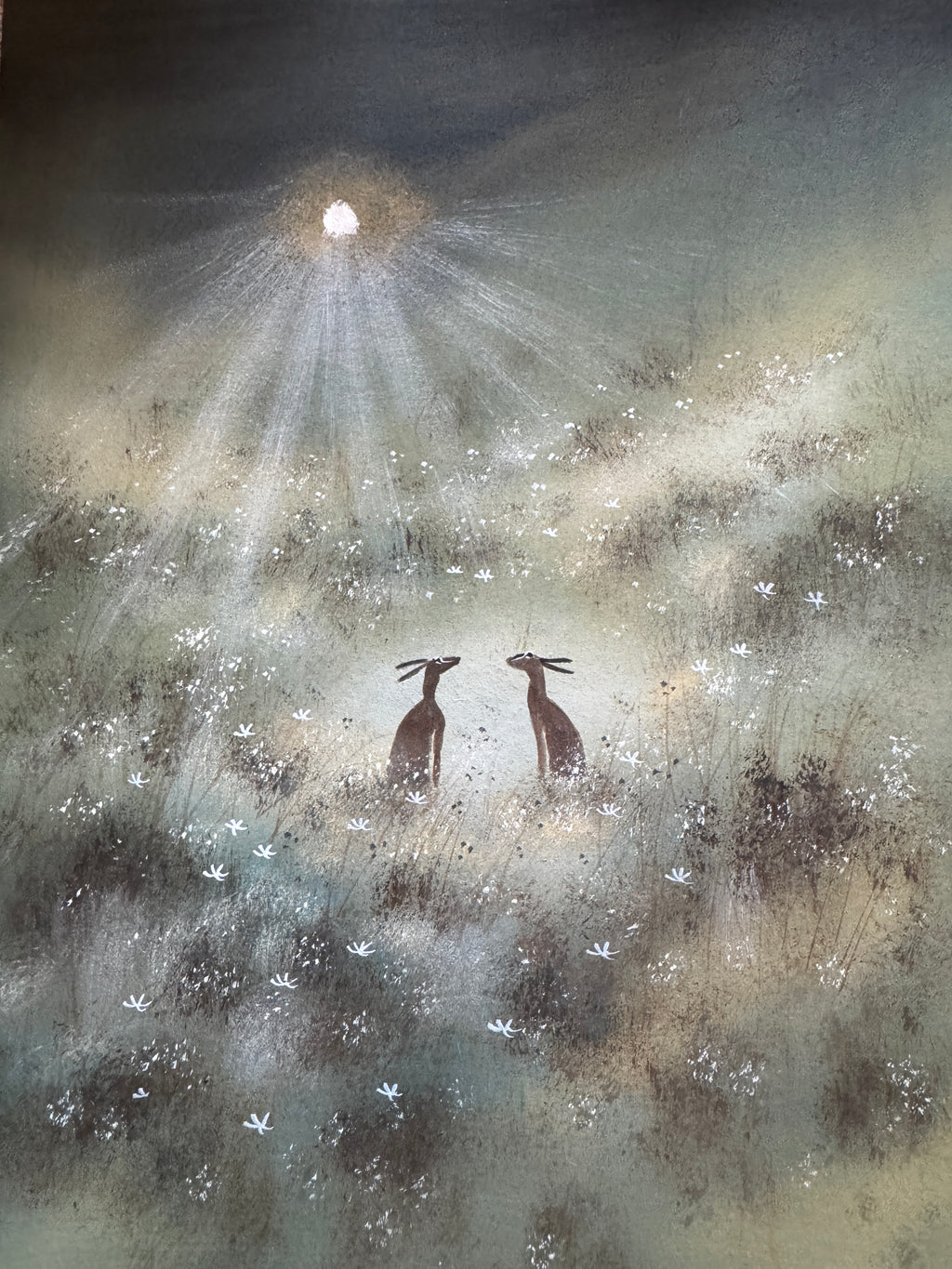 Moonlight Hares Original watercolour painting
