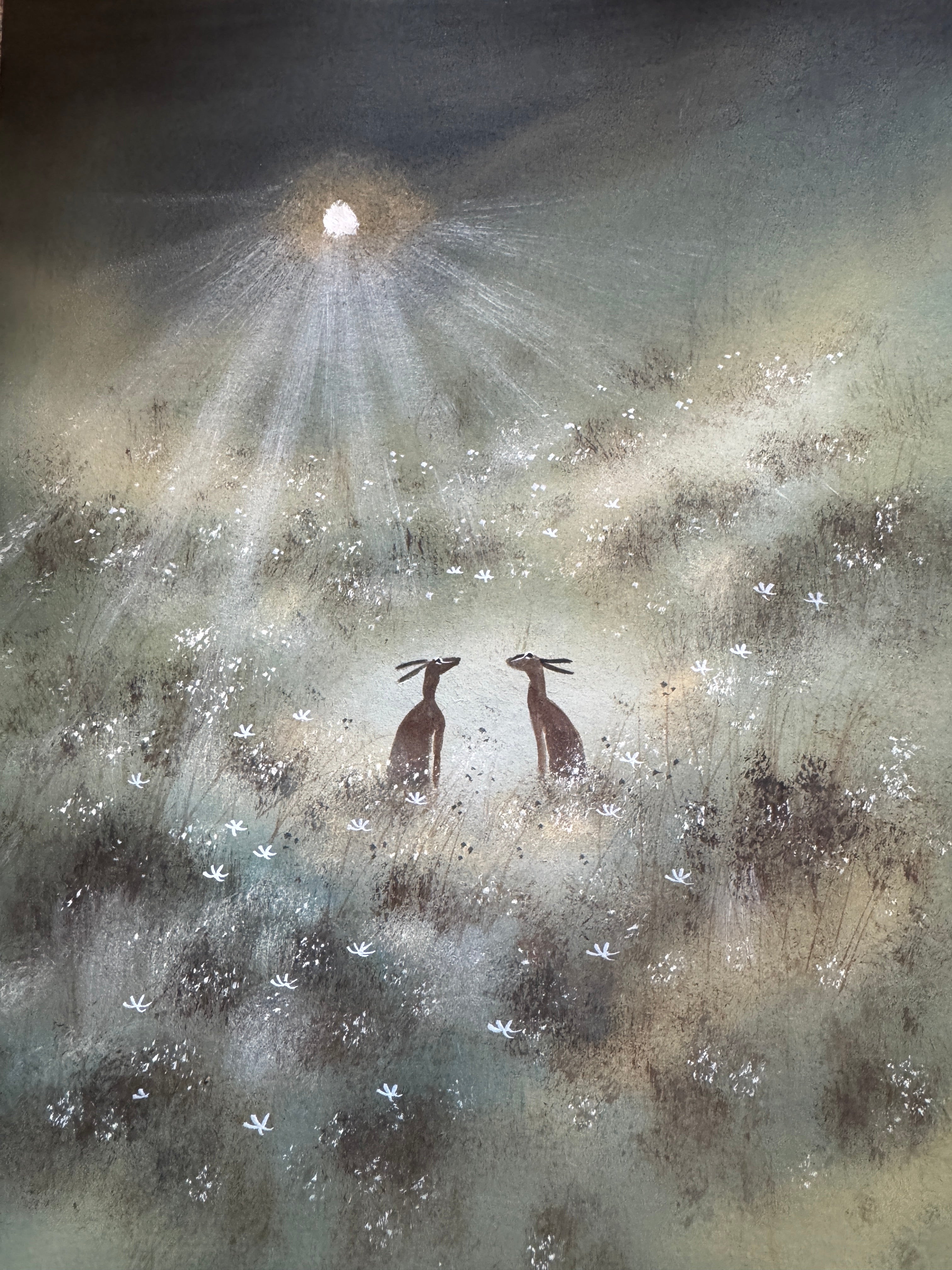 Moonlight Hares Original watercolour painting