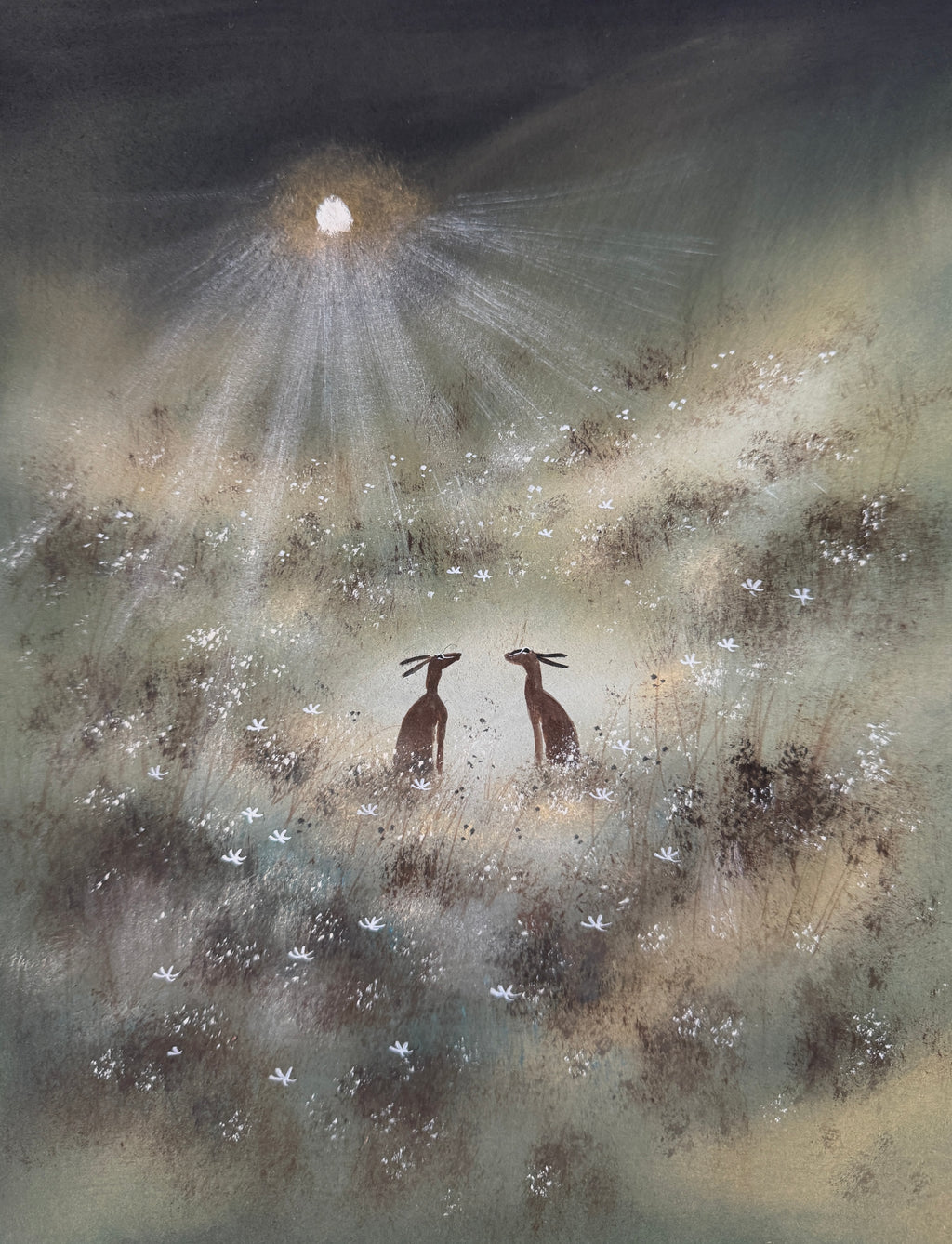 Moonlight Hares Original watercolour painting