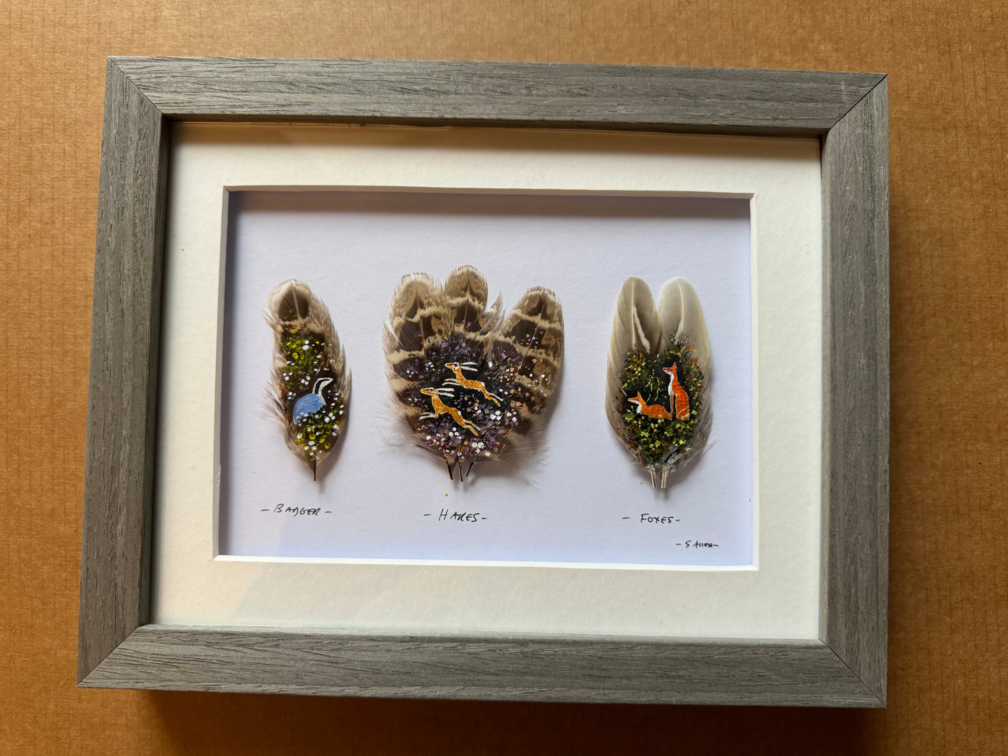 Badger Hare Fox feather paintings by Stephen Allen