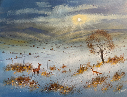 Deer and Fox in Snow Landscape Original Painting by Stephen Allen