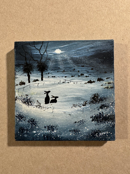 Original Canvas painting’ Hares in the Night by Stephen Allen.