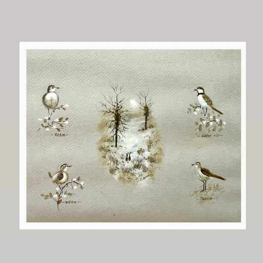 Original watercolour painting woodland Birds by Stephen Allen